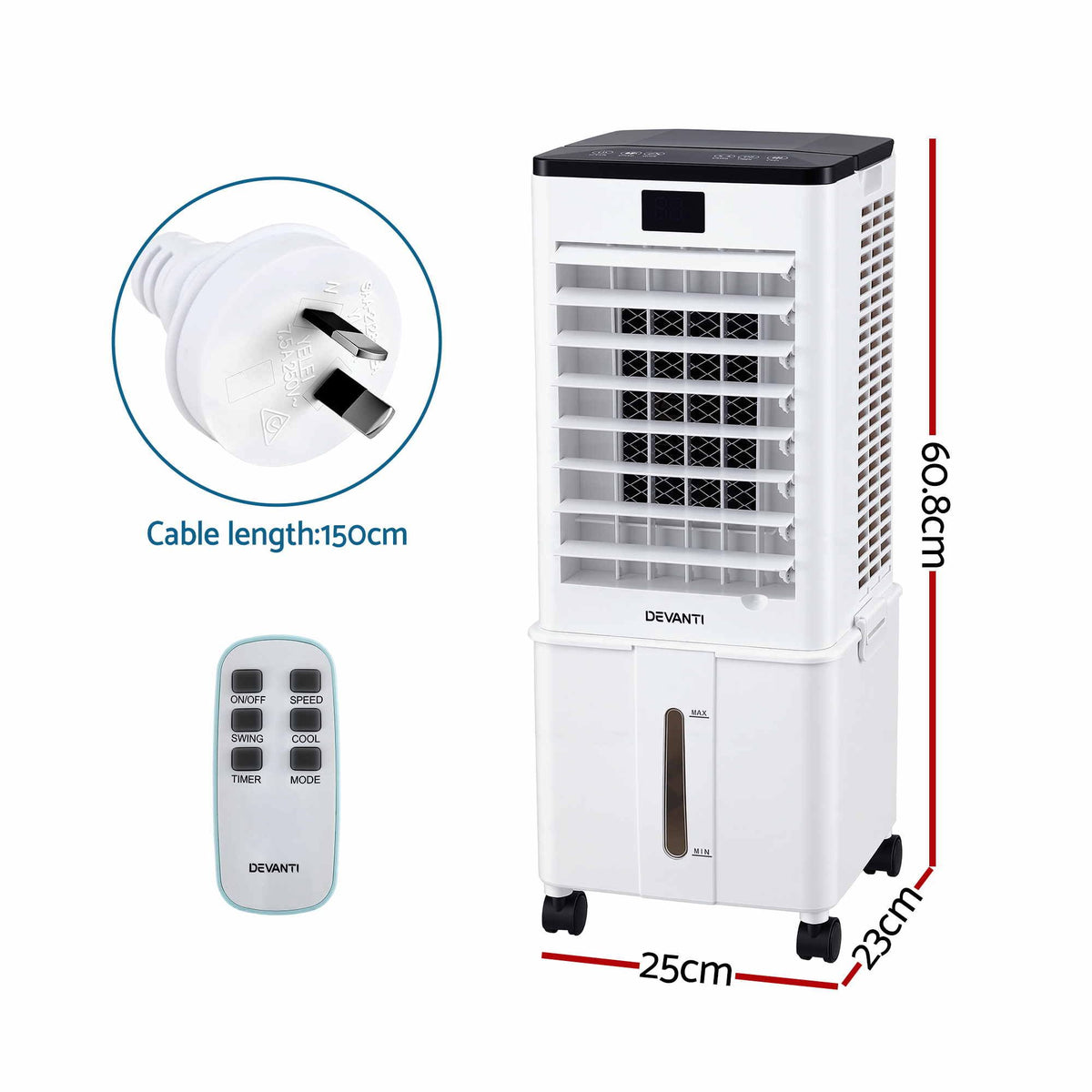 Devanti 8L 3-in-1 Evaporative Air Cooler 4 Ice Packs Remote Control 3 Speed