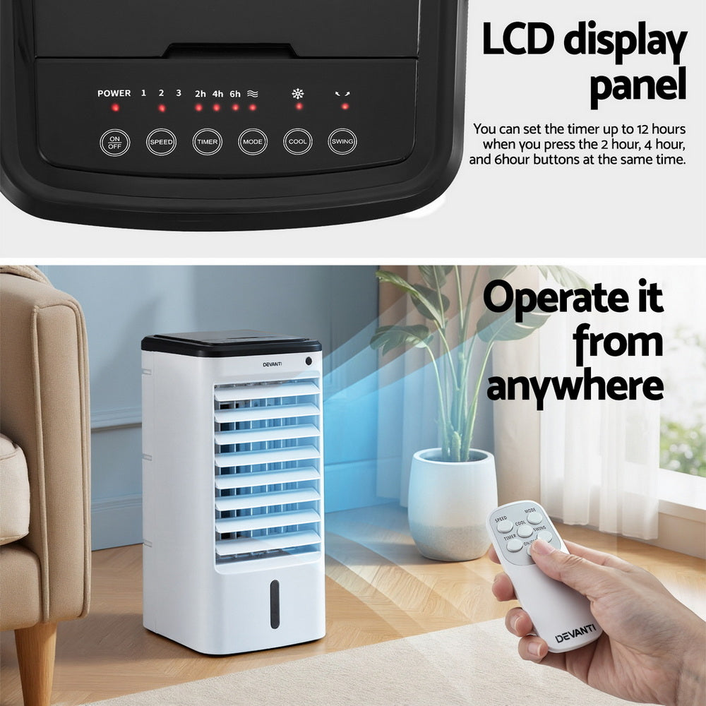 Devanti 4L 3-in-1 evaporative air cooler with remote, white and black