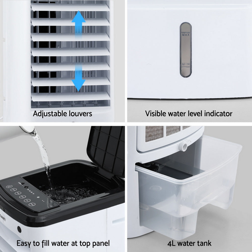 Devanti 4L 3-in-1 evaporative air cooler with remote, white and black