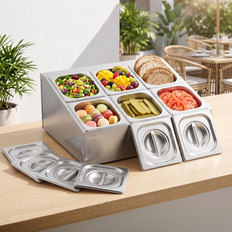 Chef stainless steel food serving display.