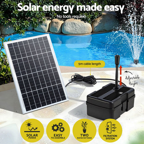 Solar pond fountain pump, 1190L, height adjustable.