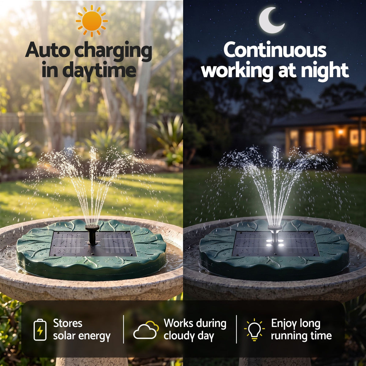 Solar fountain pumps, 31cm, operated by remote control.