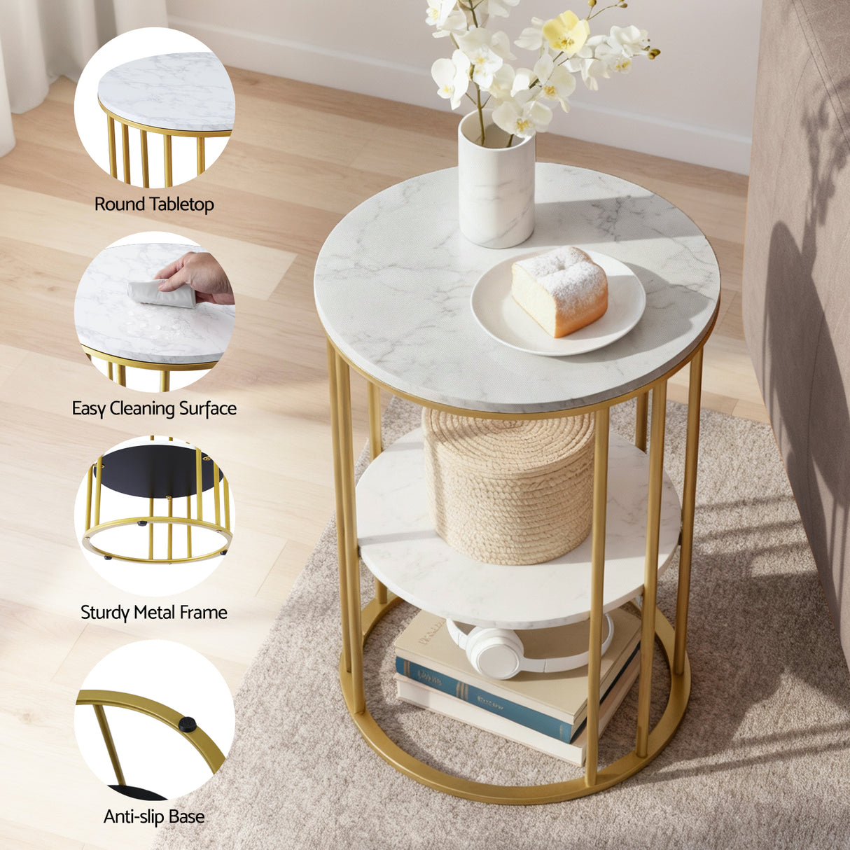 Artiss Coffee Table 2-Tier Round Marble Effect White&Gold