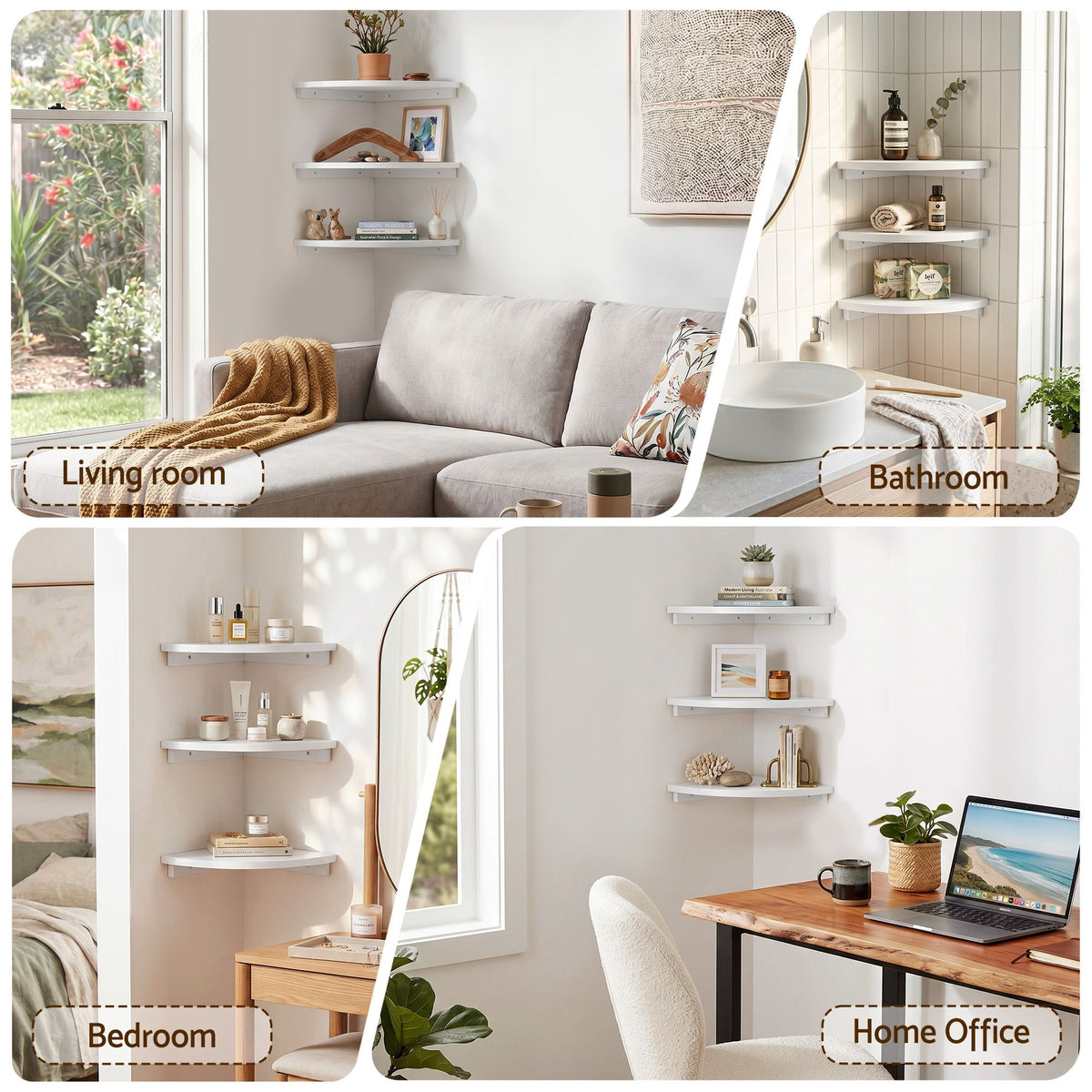 Artiss 3pc Corner Floating Wall Shelf Wall Mounted Display Rack Round Edge White.
