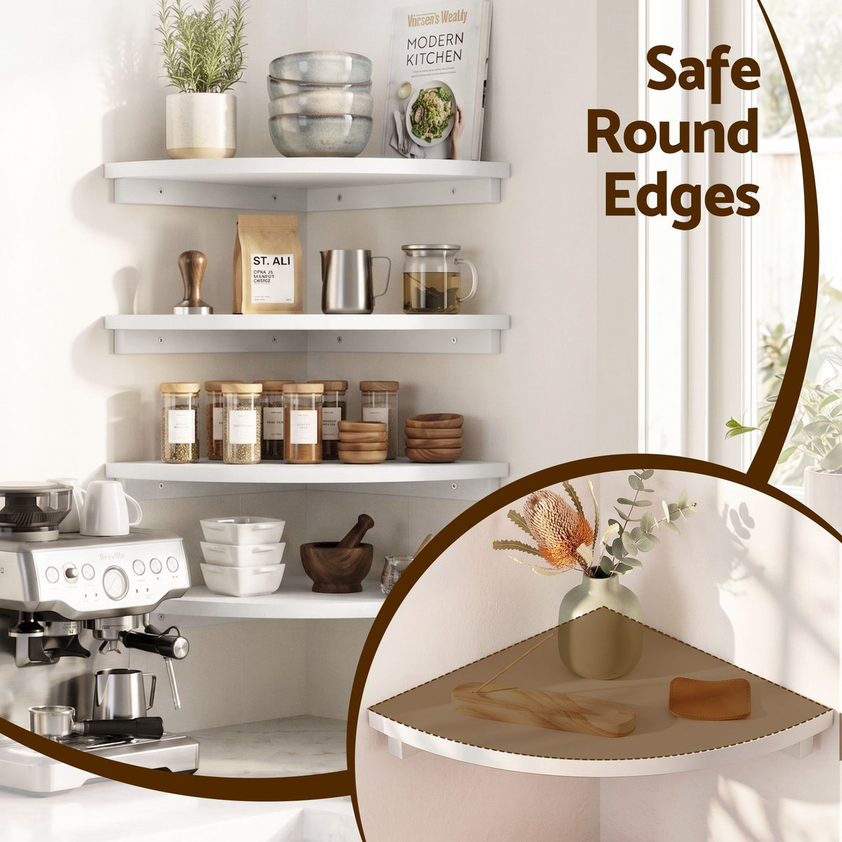 Artiss 4pc Corner Floating Wall Shelf Wall Mounted Display Rack Round Edge White.