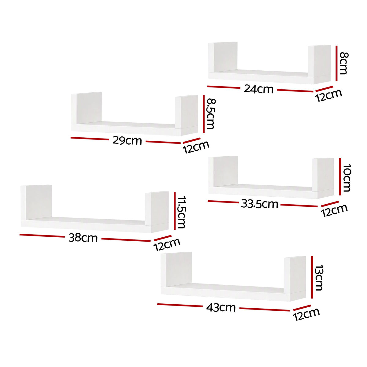 Artiss floating wall shelves set of 5, U-shape display ledge, white