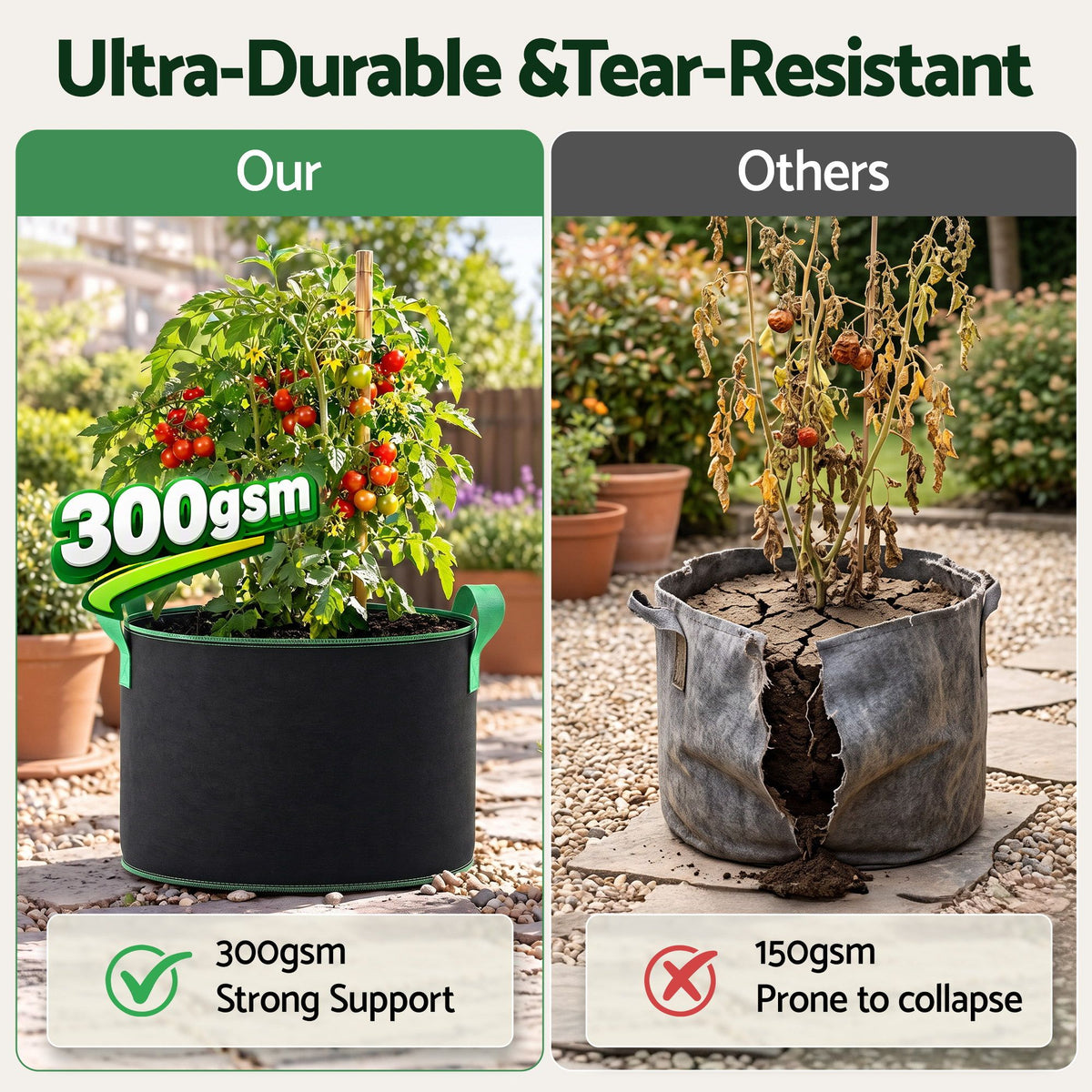 Green Fingers 15 Gallon Grow Bags 300gsm thick Aeration Fabric Pots 10 Pack.