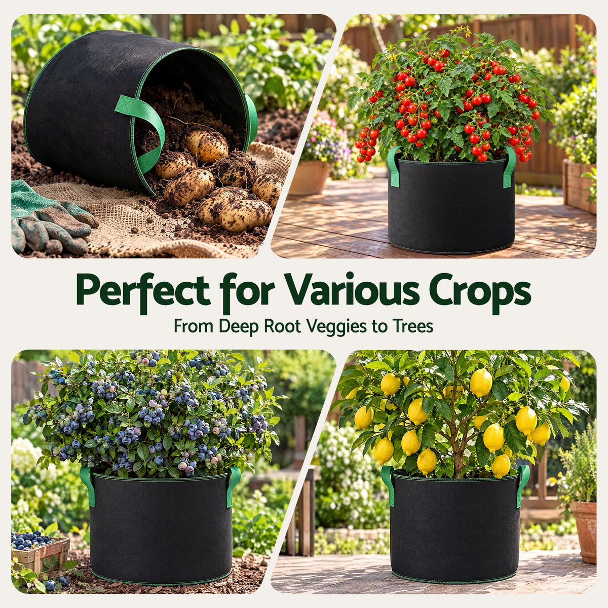 Green Fingers 15 Gallon Grow Bags 300gsm thick Aeration Fabric Pots 10 Pack.