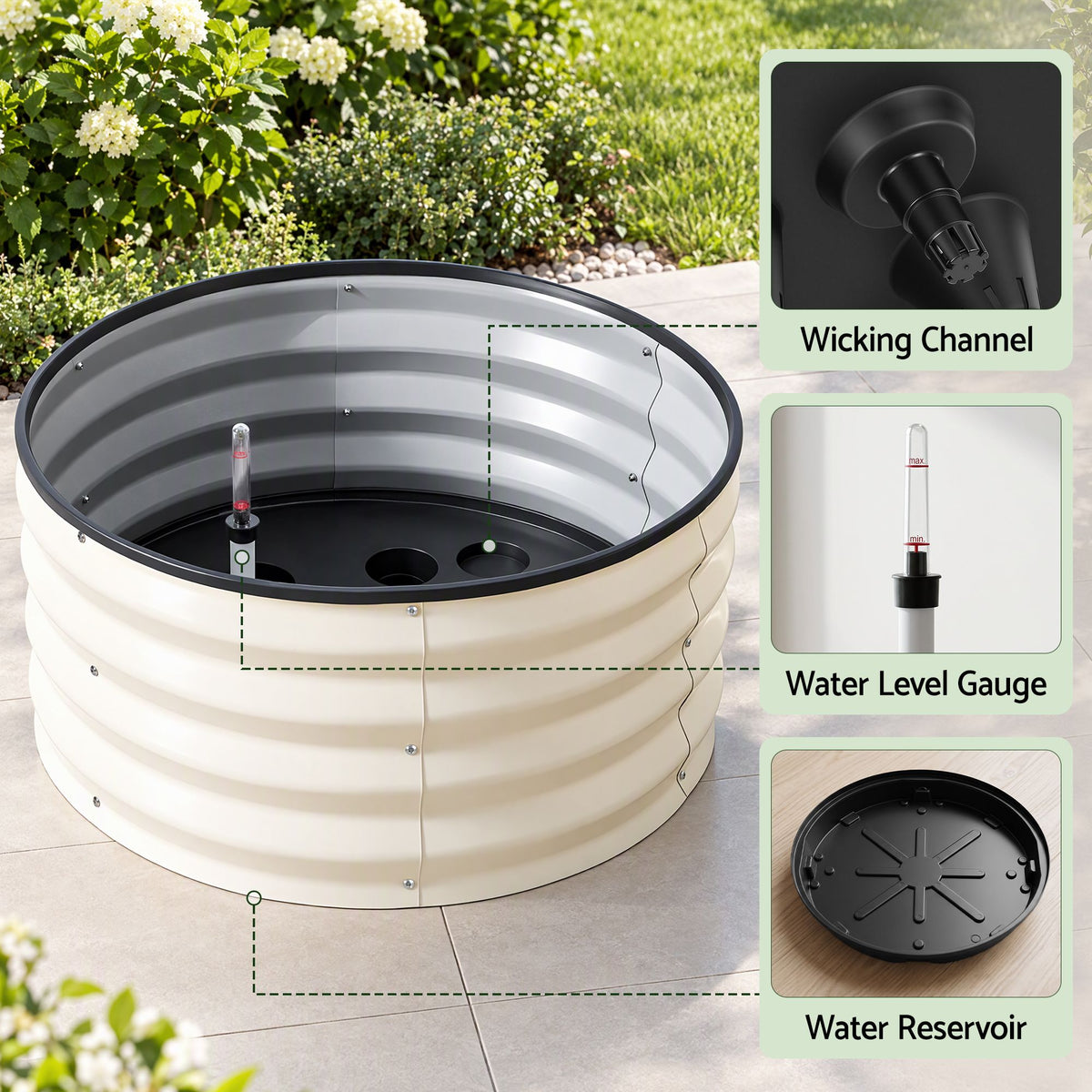 Green Fingers self watering round garden bed, galvanised, 60x60x30cm