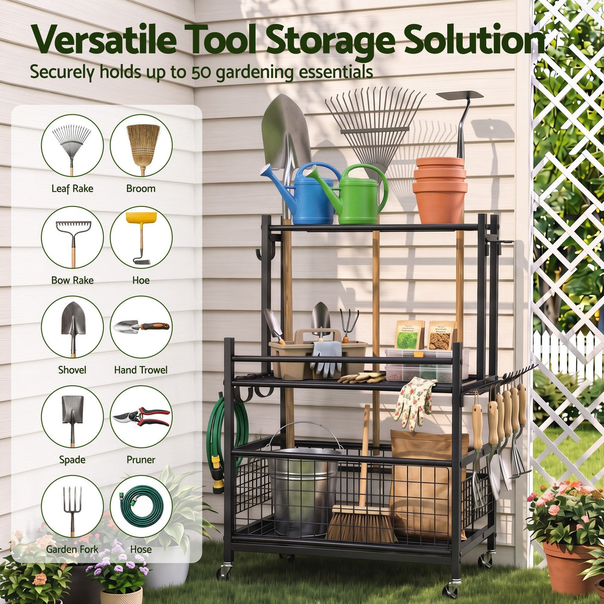 Gardeon Garden Tool Organizer Rack 16 Slots Rolling Garage Storage with Hooks - Shoppers Spot Tools > Tools Storage > Wall Storage Racks