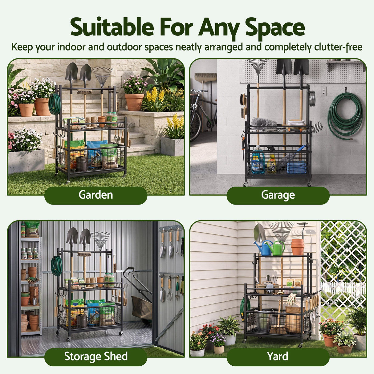 Gardeon Garden Tool Organizer Rack 16 Slots Rolling Garage Storage with Hooks - Shoppers Spot Tools > Tools Storage > Wall Storage Racks - Alternate view 4