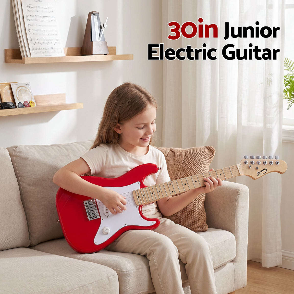 Alpha 30 Inch Junior Electric Guitar Beginner Set with 3W Mini Amp Carry Bag and Accessories Red.