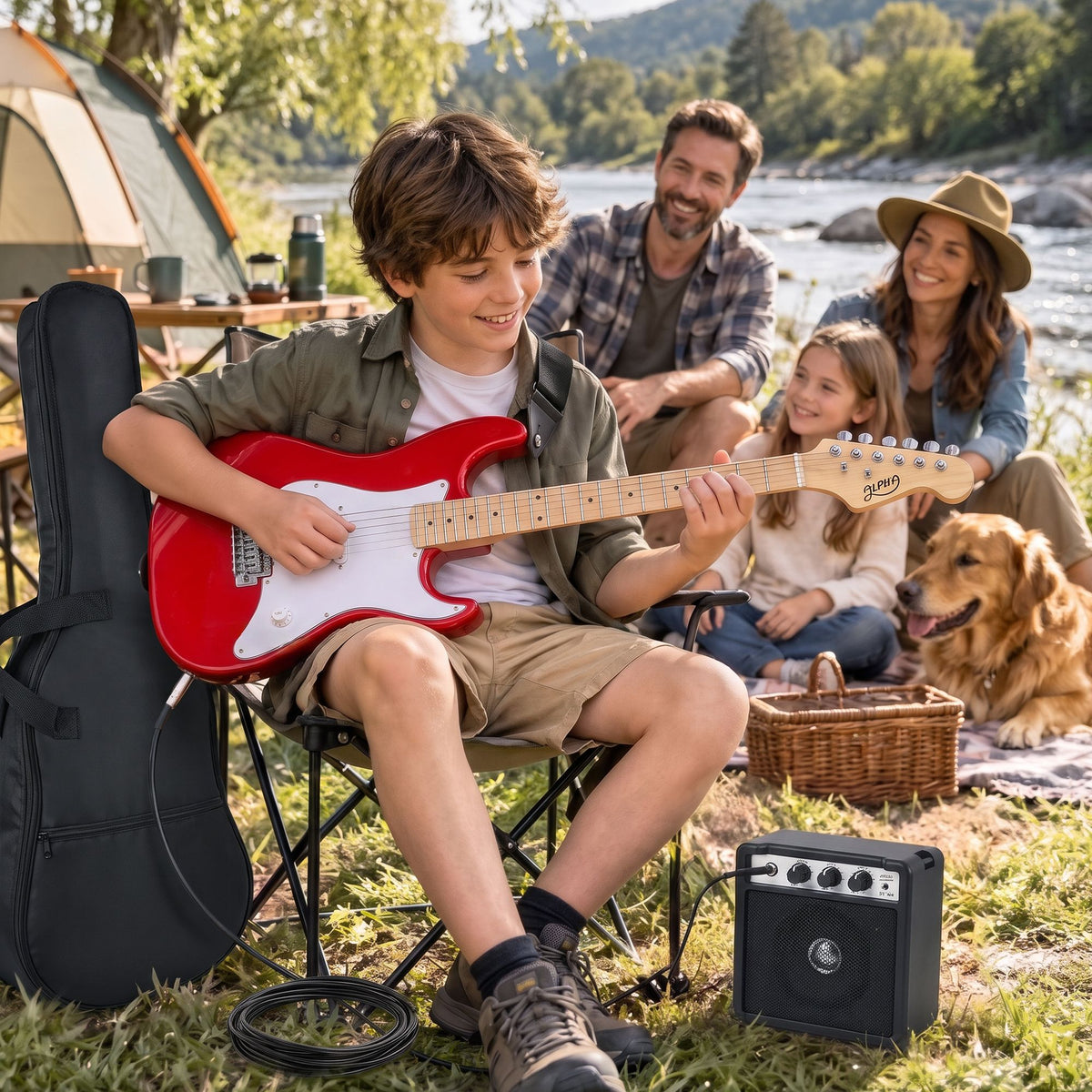 Alpha 30 Inch Junior Electric Guitar Beginner Set with 3W Mini Amp Carry Bag and Accessories Red.