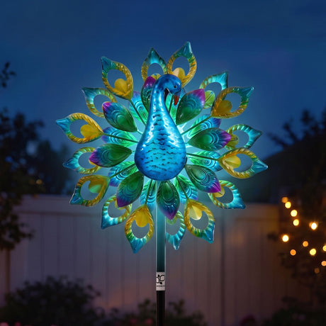 Gardeon Garden Windmill Solar Light Colourful Peacock Metal Spinner 190cm