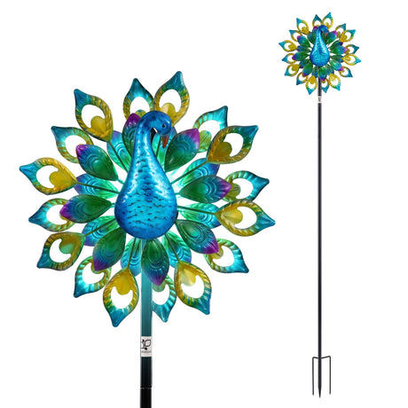 Gardeon Garden Windmill Solar Light Colourful Peacock Metal Spinner 190cm