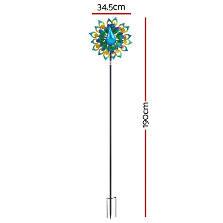 Gardeon Garden Windmill Solar Light Colourful Peacock Metal Spinner 190cm