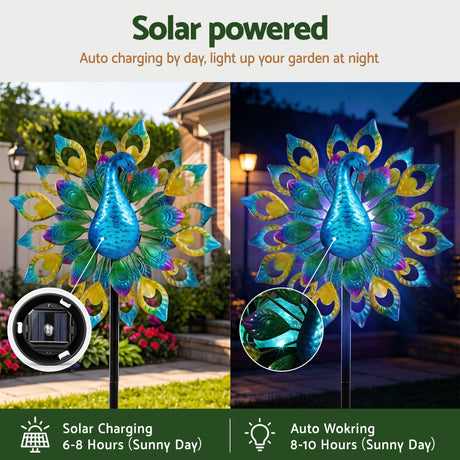 Gardeon Garden Windmill Solar Light Colourful Peacock Metal Spinner 190cm