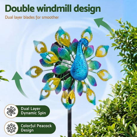 Gardeon Garden Windmill Solar Light Colourful Peacock Metal Spinner 190cm