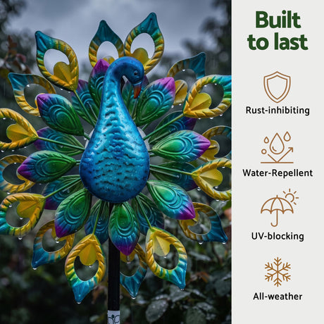 Gardeon Garden Windmill Solar Light Colourful Peacock Metal Spinner 190cm