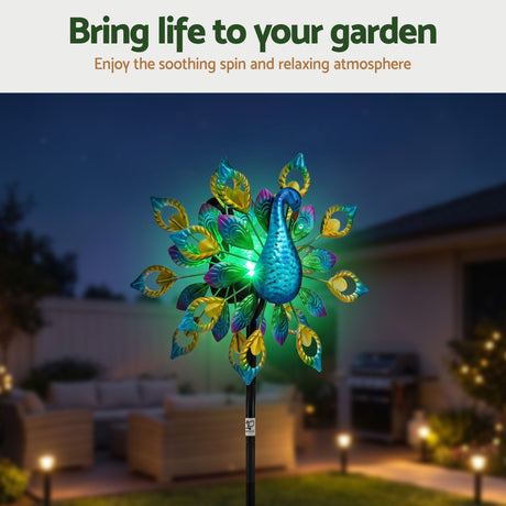 Gardeon Garden Windmill Solar Light Colourful Peacock Metal Spinner 190cm