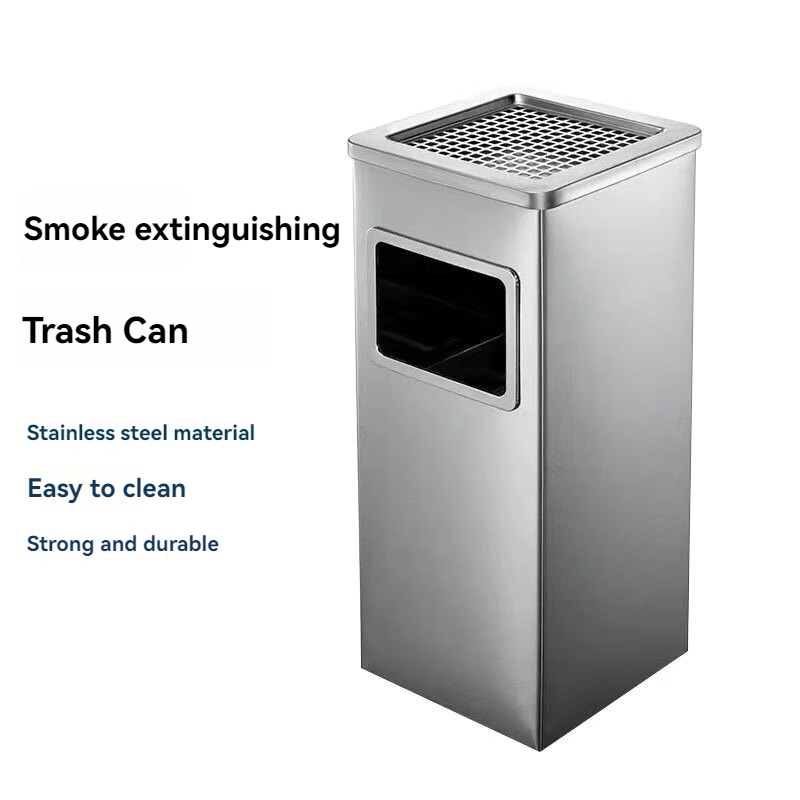 Dolphy Stainless Steel Ashtray Bin 24L – Smoke Extinguishing Trash Can with Removable Galvanized Inner Bucket, Anti-Fingerprint SUS201, Square Design, Silver (DWBN0106)