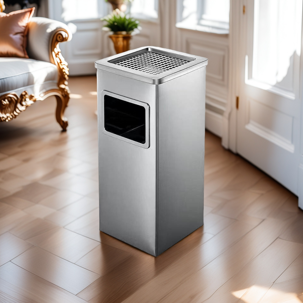 Dolphy Stainless Steel Ashtray Bin 24L – Smoke Extinguishing Trash Can with Removable Galvanized Inner Bucket, Anti-Fingerprint SUS201, Square Design, Silver (DWBN0106)