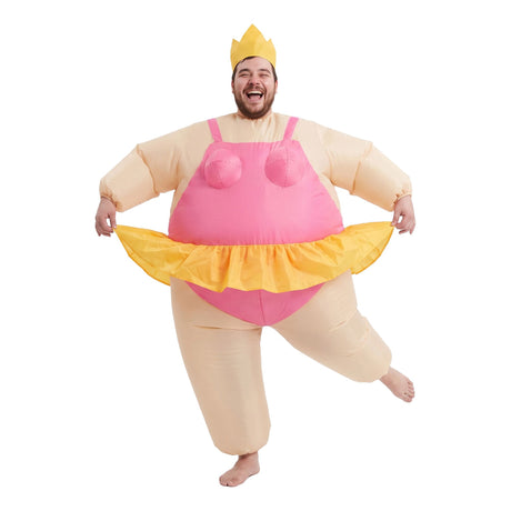 Pink inflatable dress adult party, with a zipper closure.