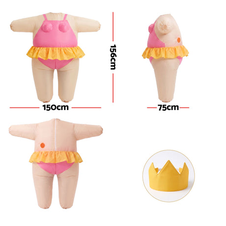Pink inflatable dress adult party, with a zipper closure.