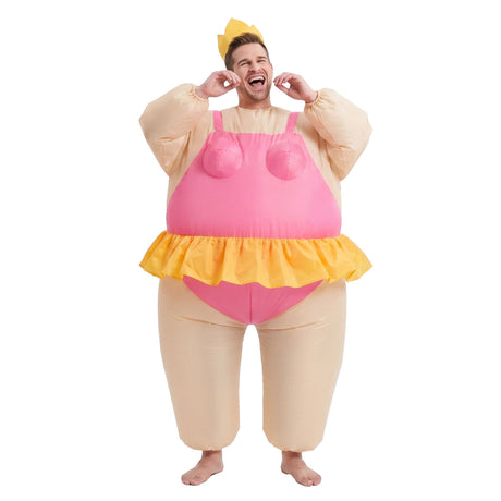 Pink inflatable dress adult party, with a zipper closure.