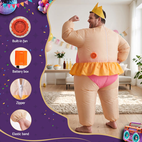 Pink inflatable dress adult party, with a zipper closure.