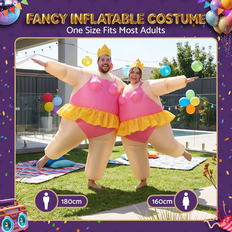 Pink inflatable dress adult party, with a zipper closure.
