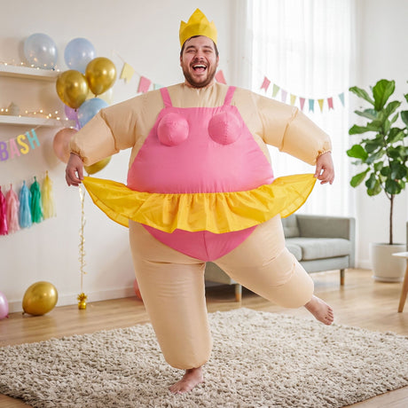Pink inflatable dress adult party, with a zipper closure.
