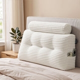 Giselle wedge pillow headboard with non-flattening shredded foam core, perfect for dorm reading or sofa lap desk, 330g corduroy cover, side pockets, King Single