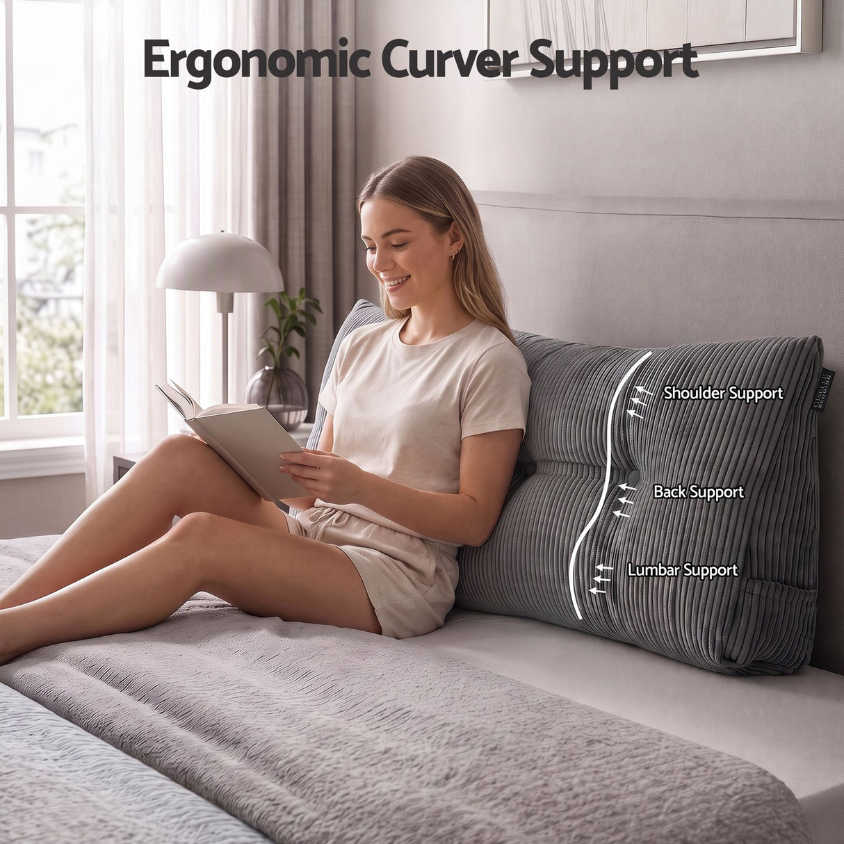 Giselle Headboard Pillow for Sitting in Bed, Upgraded Shredded Foam Reading Wedge Cushion for Lumbar Support, 320g Corduroy Backrest with Side Pockets for Dorm Daybed, Double