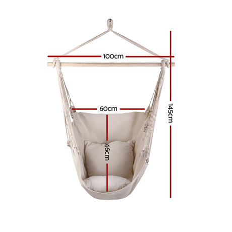 Cream hanging hammocks cushion pillow.