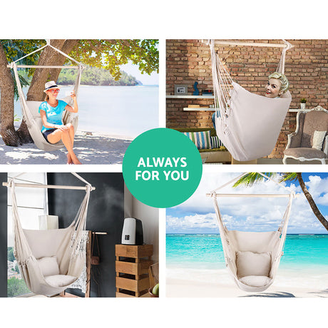 Cream hanging hammocks cushion pillow.