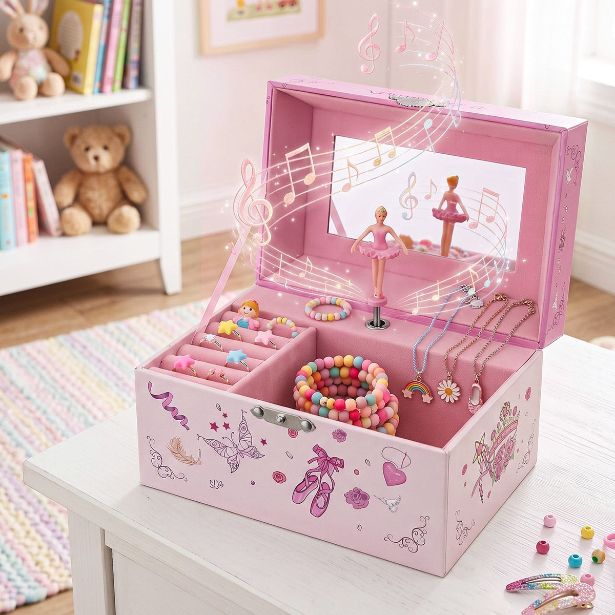 Keezi Kids Jewellery Box Organiser for Girls Kids Music Box Princess Pink