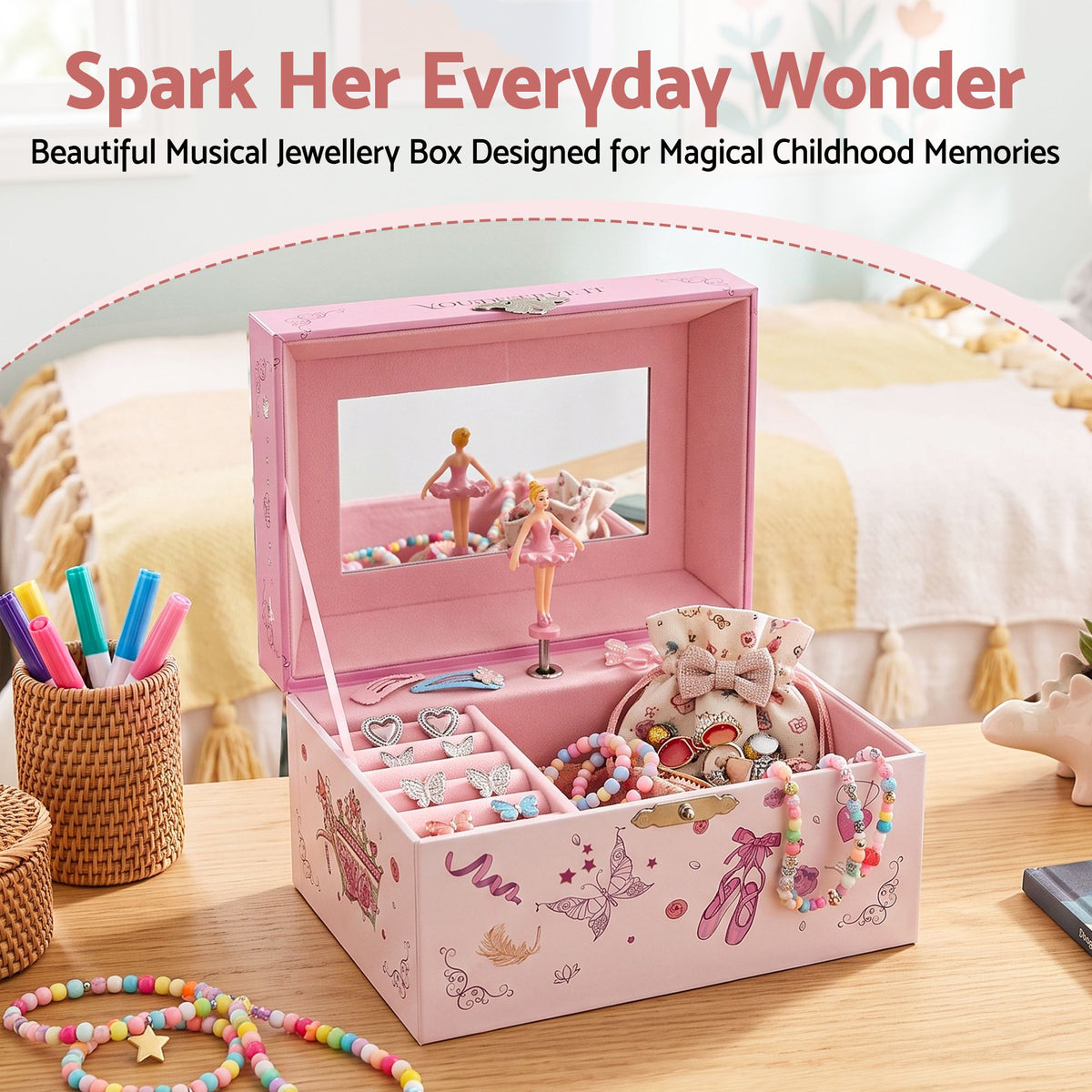 Keezi Kids Jewellery Box Organiser for Girls Kids Music Box Princess Pink