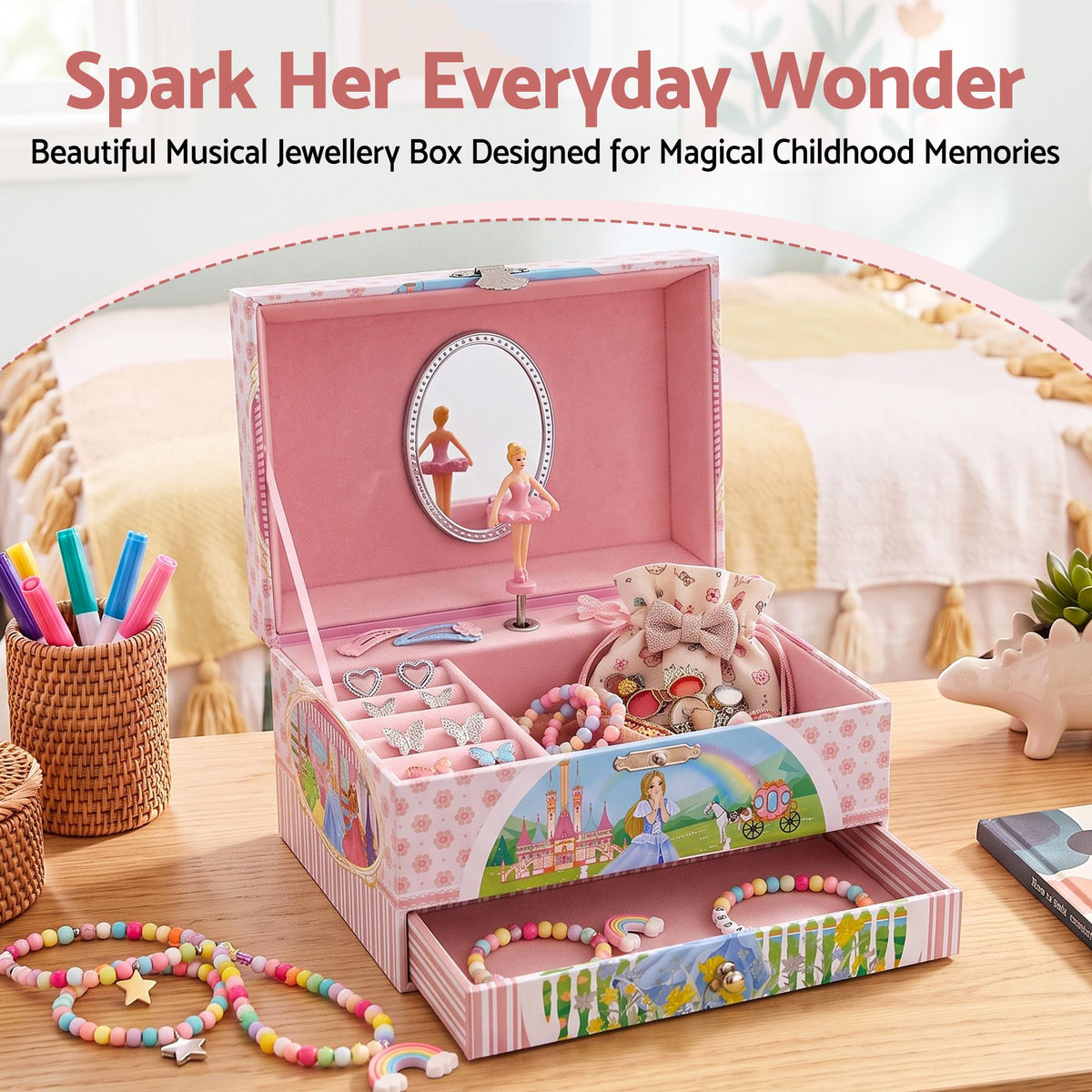 Keezi Kids Jewellery Box Organiser for Girls Kids Music Box with Drawer