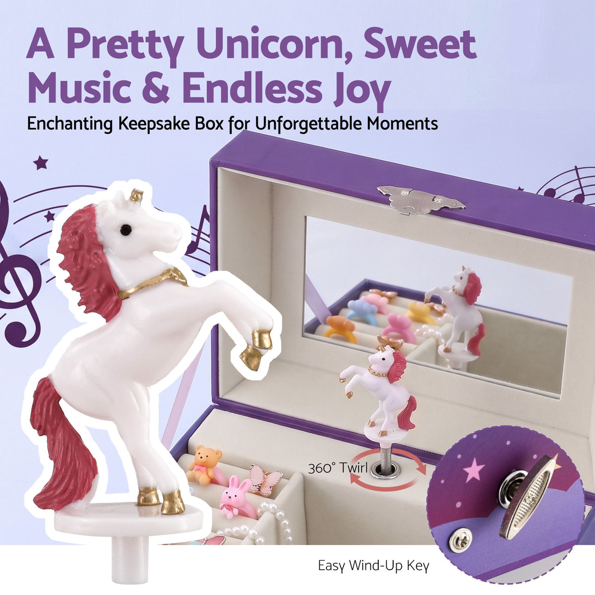 Keezi Kids Jewellery Box Organiser for Girls Kids Music Box Unicorn Purple