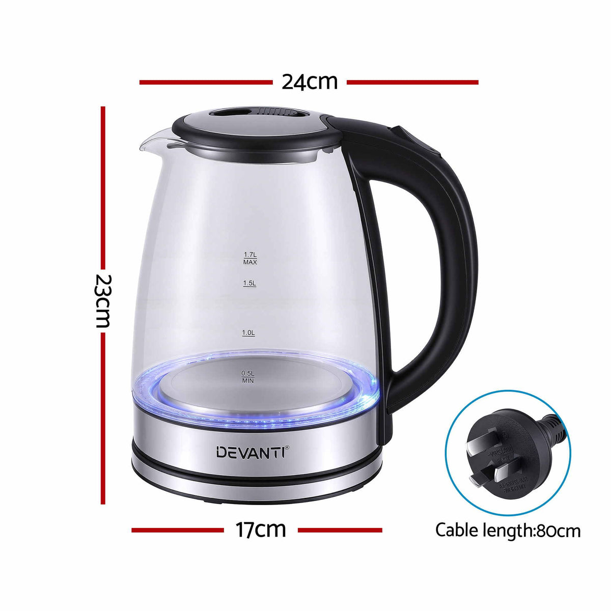 Devanti 1.7L Glass Electric Kettle.