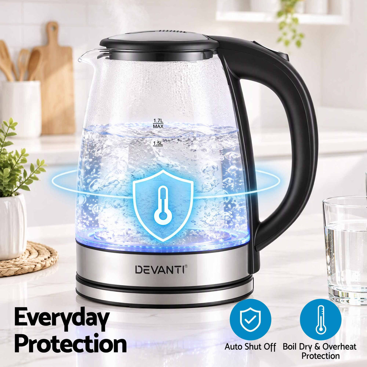 Devanti 1.7L Glass Electric Kettle.
