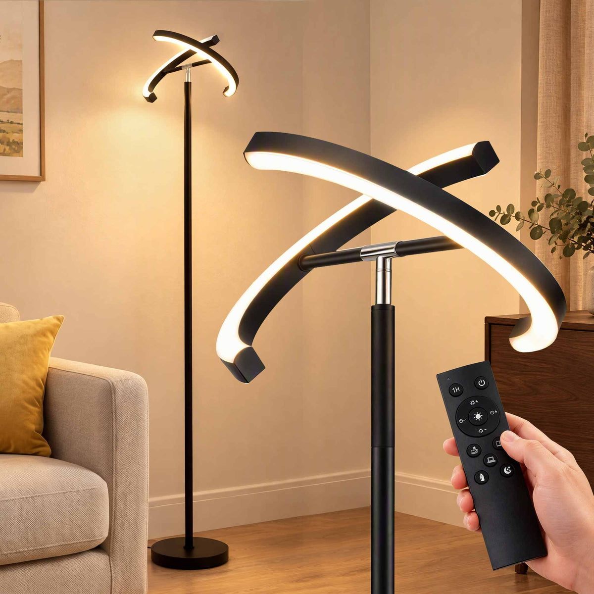 Artiss LED Floor Lamp with Dual Rotating Heads, Dimmable Light and Remote Control Black 20W.