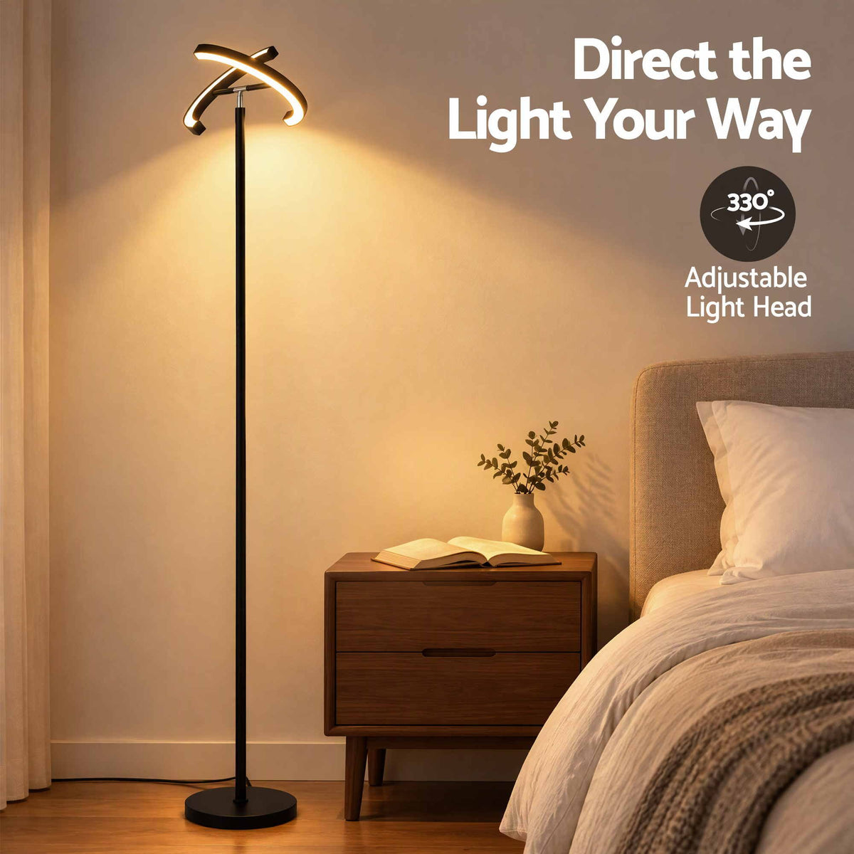 Artiss LED Floor Lamp with Dual Rotating Heads, Dimmable Light and Remote Control Black 20W.