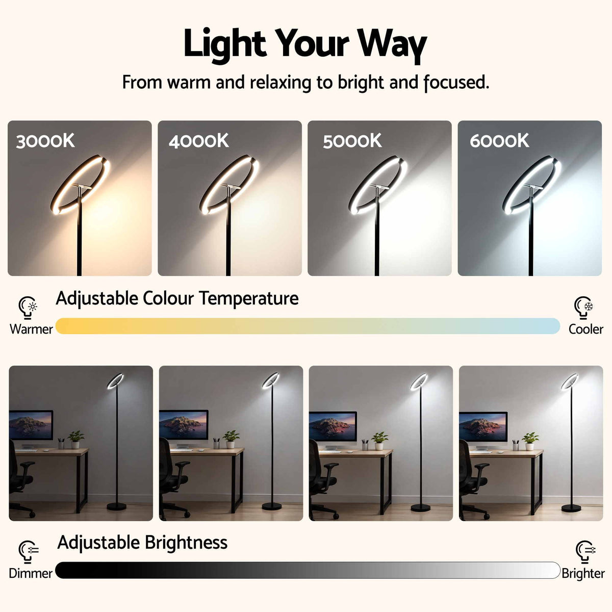 Artiss LED Floor Lamp with Dual Rotating Heads, Dimmable Light and Remote Control Black 20W.