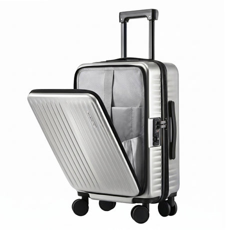 Wanderlite silver suitcase front pocket.