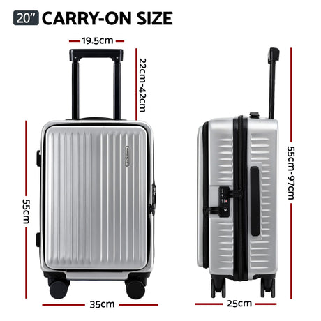 Wanderlite silver suitcase front pocket.