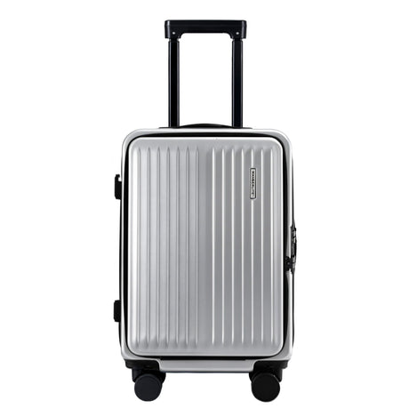 Wanderlite silver suitcase front pocket.