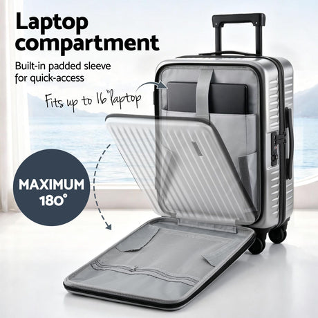 Wanderlite silver suitcase front pocket.