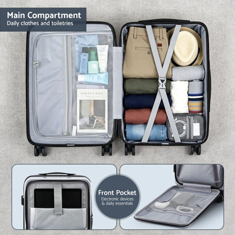 Wanderlite silver suitcase front pocket.